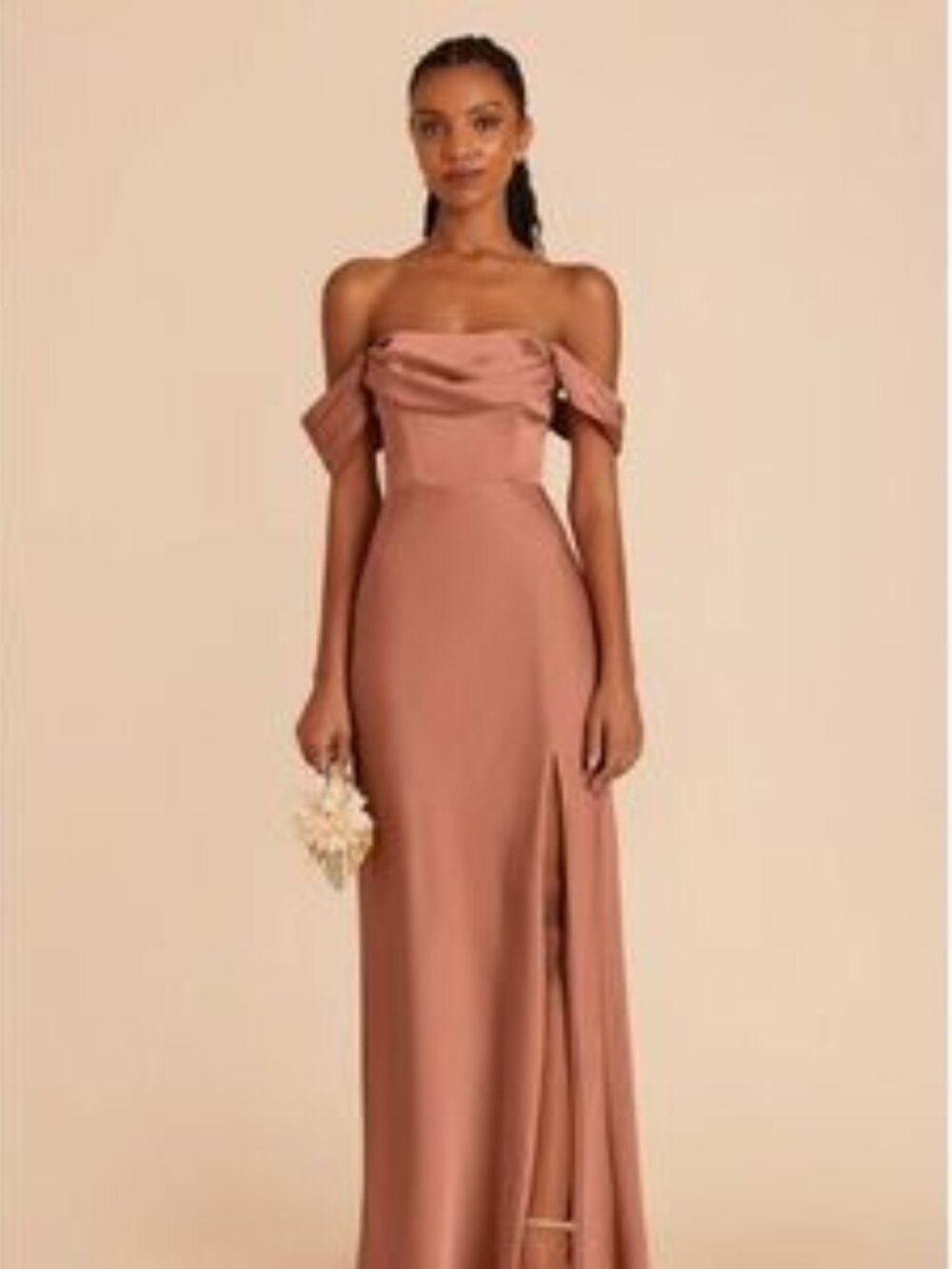 Birdy Grey Rose Pink Shiny Satin Off the Shoulder Mia Bridesmaid Dress Large